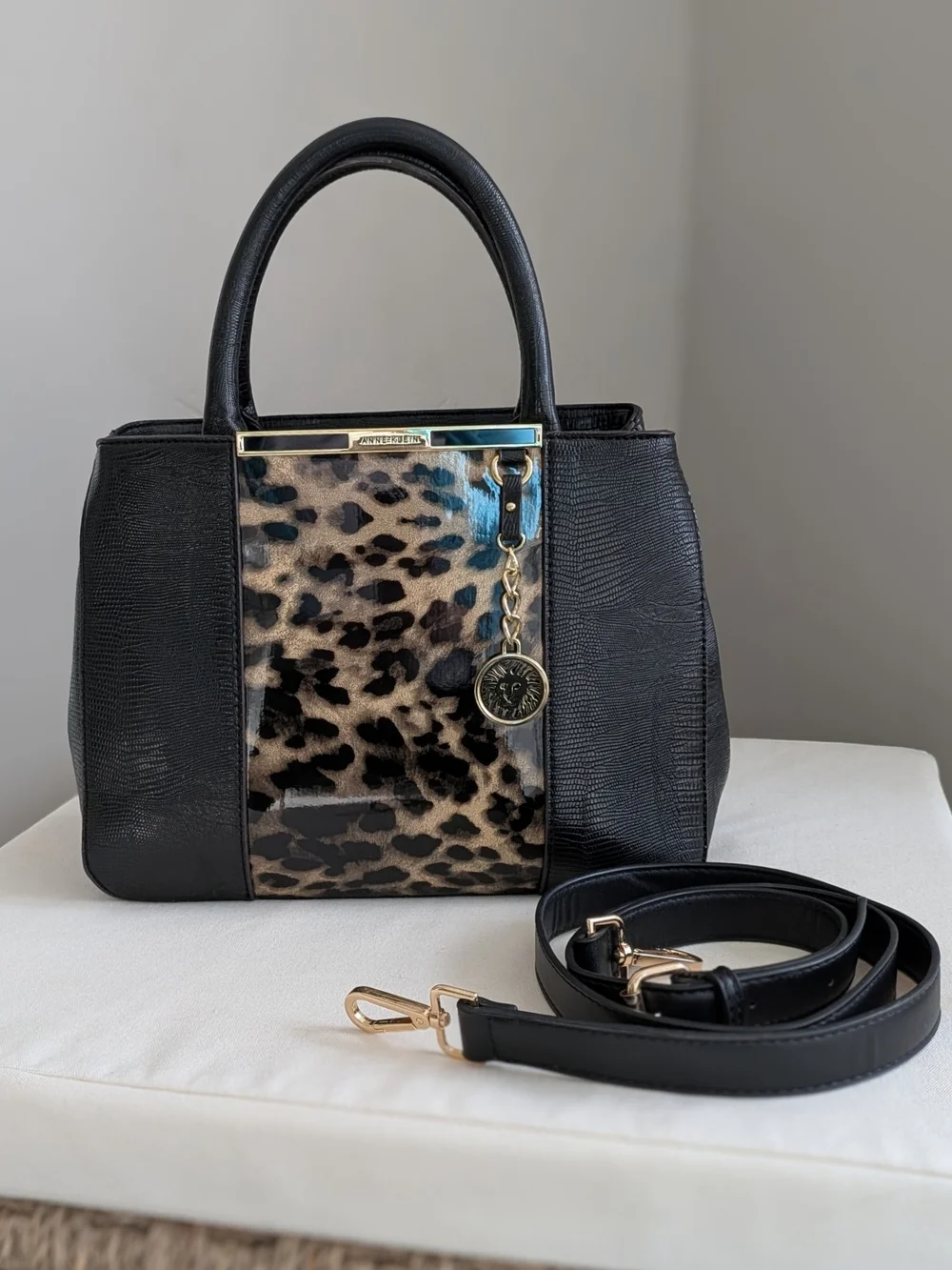 Anne Klein Black Leopard Print Satchel/Crossbody